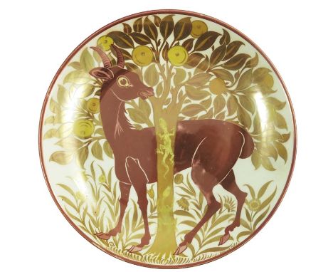 Charles Passenger for William De Morgan, a double lustre dish, circa 1890, painted with a deer and orange tree, two lizards c