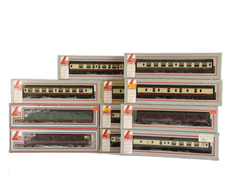 An assortment of Lima 00 Gauge Coaching Stock:  mostly BR Mk 1 stock, including 6 in maroon/cream, 2 SR green, 2 WR brown/cre