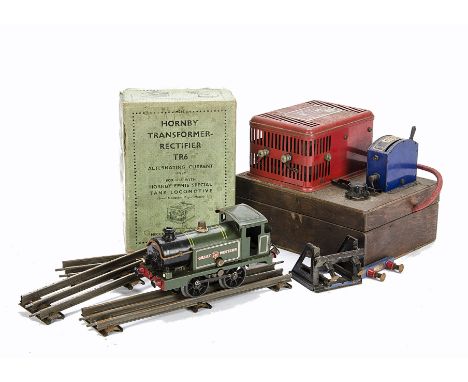 An uncommon Hornby O Gauge Early 6v No 1 Electric GWR 0-4-0 Tank Locomotive and related items: made circa 1930 with the old-s