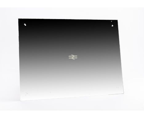 A British Rail Carriage or Washroom Mirror: measuring 24" wide x 18" high, with etched 'double arrow motif to centre, mountin