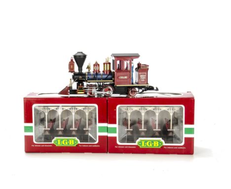 A LGB Gauge 1 Electric American-style 2-4-0T Locomotive 'Chloe' and Two Open Coaches: comprising ref 20130 Locomotive in 'Gri