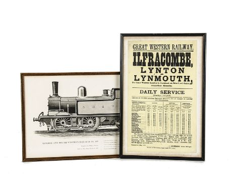A framed Great Western Railway 1878 Ilfracombe Daily Steamship Service Poster and LSWR O2 Locomotive print: measuring approx 