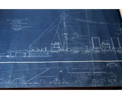 HMS Hood four very rare Original Blueprints for Bassett-Lowke Models circa 1928: Inscribed "Design for a Working Scale-Model 