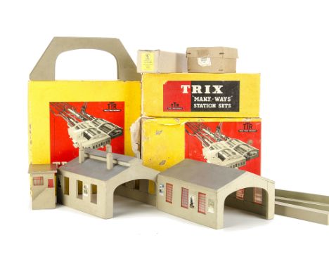 Trix 00 Gauge 'Manyways' Station Items: of various periods, including wooden engine shed, carriage shed, signal box, footbrid