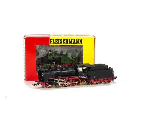 Two Fleischmann HO Gauge Steam Locomotives: comprising ref 4142, a DB 2-6-0 locomotive and tender no 24 016 in black/red, tog