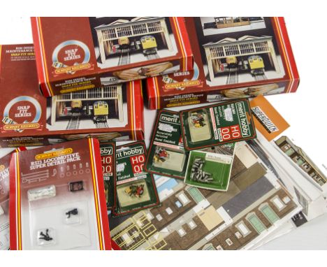 A large box of 00 Gauge Engine Shed and Scenic Accessories by Hornby and others:  including four R519 Engine Shed kits, four 