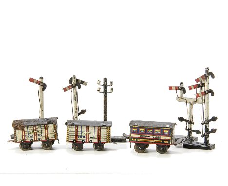 Bing 'Table Top' Signals and 'K' Penny Toy Rolling Stock:  comprising four variants of Bing miniature signals - single, doubl