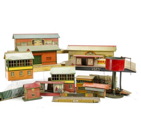 Hornby O Gauge and other Stations and Scenic Items: including post-war Goods Shed and two Signal Boxes, all with green tiled 