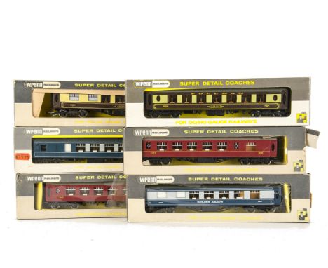 Six Wrenn 00 Gauge Pullman and other Coaches: comprising umber/cream Pullman Cars W6001A 'Car No 73' and W6002 'Aries', LMS r