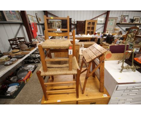 A ladder back and string seated chair; a child's string seated chair; and a small step ladder