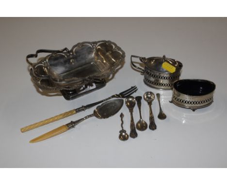 A silver salt, silver mustard, various condiment spoons,. a pickle fork, a preserve spade and silver plated basket with swing