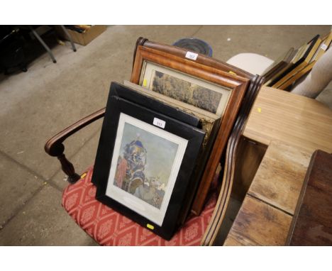 A quantity of pictures and prints to include portrait contained in gilt frame, a sketch signed Joe Bent of Norwich Cathedral 