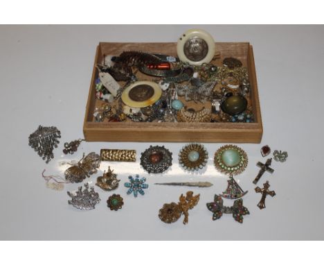 A box containing various vintage and other costume jewellery, a micro mosaic brooch, wooden Netsuke etc.