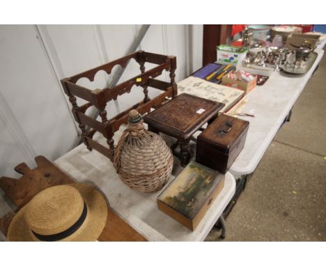 A 19th Century tea caddy; and a small carved oak stool; a bottle rack; demi-john; and a decorative trinket box