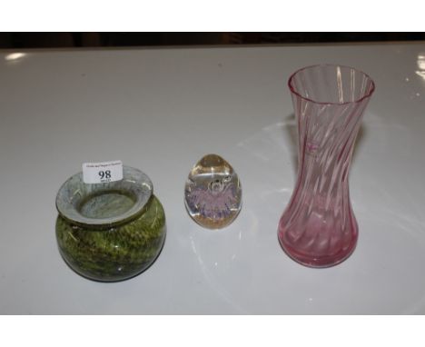 A Caithness glass vase; an Alum Bay glass vase; and a paperweight 