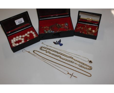 Three trinket boxes and contents of various gold tone and gold plated jewellery etc.