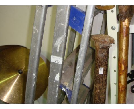 Aluminium step, dog crate garden metal spikes and walking stick