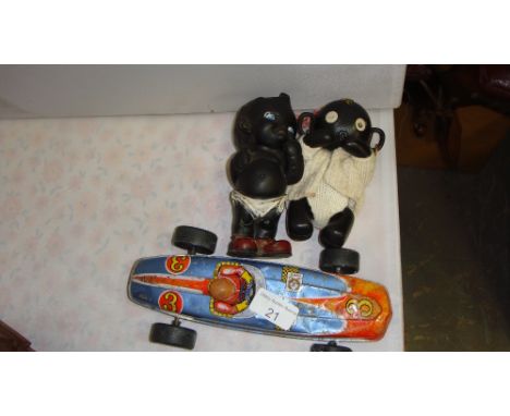 Vintage toy tin plate car & Kewpie type dolls