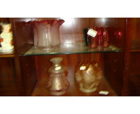 3 x vintage cranberry glass tumblers and one other and three frosted coloured glass paraffin lamp shades