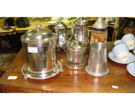 Assorted silver plated ware including biscuit barrel, tea caddy no liner, coffee & hot water pot etc. 