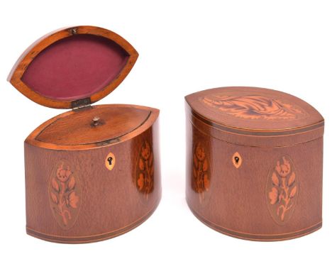 A pair of marquetry tea caddies. Decorative shells to hinged lids and flowers and stringing to front. Internal lids and silve