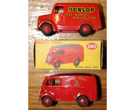 2 Dinky Toys. Morris J Royal Mail Van (260). Together with a Trojan Van in 'Dunlop' red livery. One boxed, some wear. Vehicle