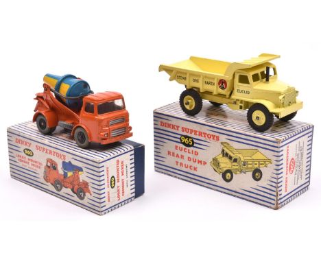 2 Dinky Supertoys. Lorry Mounted Cement Mixer (960). In orange with blue &amp; yellow drum and black plastic wheels. Together