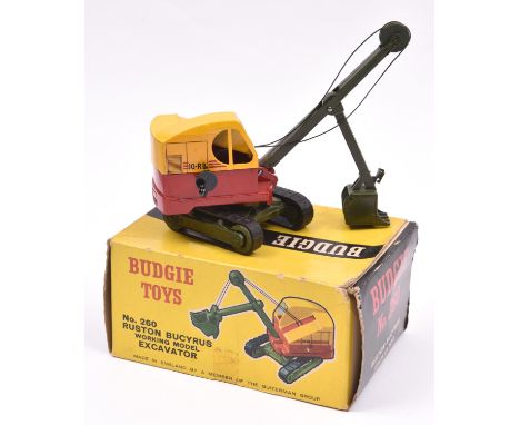 One of the rarest Budgie Toys. A Ruston Bucyrus Working Model Excavator 10-RB. No.260. Finished in yellow and red, with dark 