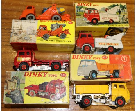 4 Dinky Toys Trucks.  Bedford TK Coal Lorry (425). With two coal sacks. Bedford TK Crash Truck (434). Bedford TK Tipper (435)