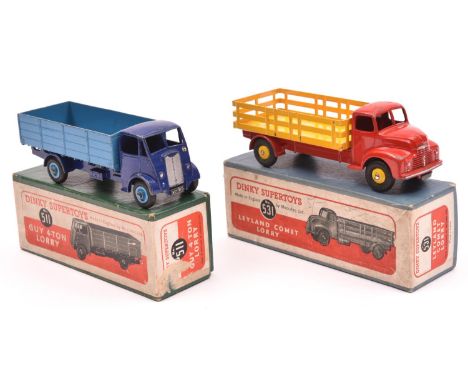 2 Dinky Toys. Guy 4-Ton Lorry (511). In dark blue with mid-blue body and wheels. Leyland Comet Lorry (531). in red with yello