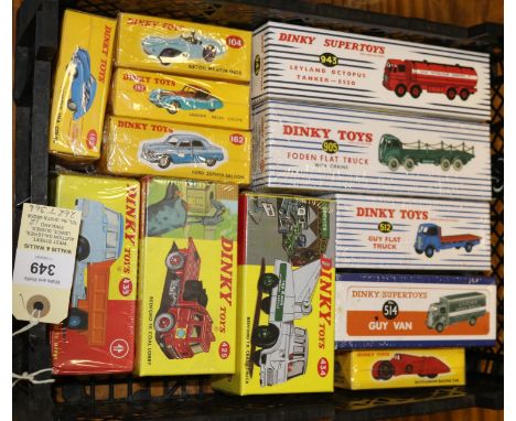 12 Atlas Dinky. Leyland Octopus Tanker ESSO (943). Foden Flat Truck with Chains (905). Guy Flat Truck (512). Guy van 'Lyons' 