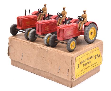 A Dinky Toys Trade Box (27A). Containing 3 Massey-Harris Tractors. In red with yellow wheels and driver in fawn. Box QGC, sig