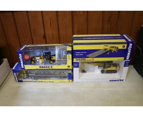 4 Komatsu by First Gear and Universal Hobbies. Scales 1:34 and1:50. PC 400 LC with short trowel. GD655-5 Motor Grader. Ford F