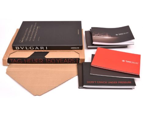 10x Bulgari and TAG Heuer watch catalogues and books. A Bulgari Collection persentation book in a slip case by Marion Fasel. 