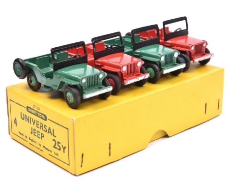 A Dinky Toys 4-vehicle Trade Box (25Y). Containing 4 Jeep (Universal). 2 in green with green wheels, 1 in red with red wheels