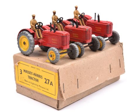 A Dinky Toys 3-vehicle Trade Box (27A). Containing 3 Massey Harris Tractors. In red with yellow wheels and fawn driver. Box Q