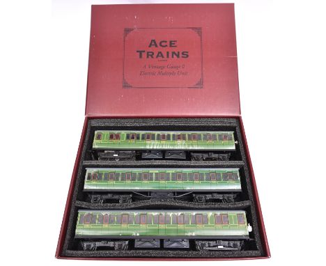 An Ace Trains O gauge Southern Railway EMU 3-car set in lined green livery. Powered driving car, Full Third and Brake Third w