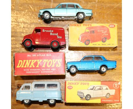 4 Dinky Toys. Vauxhall Viva (136). In metallic blue with red interior. Atlas Bus in light blue and grey with red interior. Tr