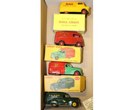 4 Dinky Toys. Morris J Royal Mail Van (260). Austin Van  'Shell' (470). Austin Van 'Raleigh Cycles' (472). Together with a Be