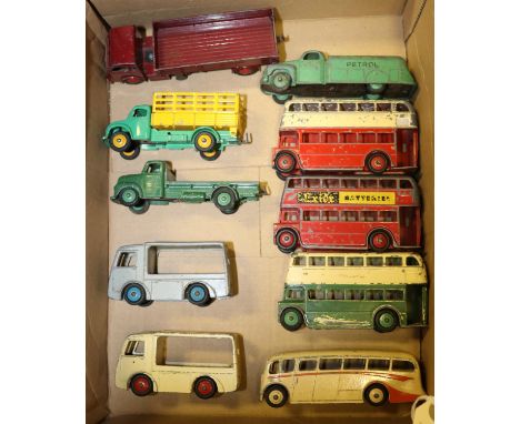 10 Dinky Toys. 3 Double Deck Buses (1 AEC &amp; 2 Leyland). Luxury Coach. Dodge Farm Produce Wagon. Hindle Smart Helecs. Stud