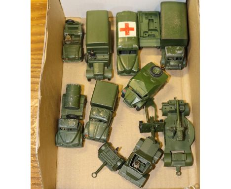 10 Dinky Military. Daimler Ambulance, Mobile Anti-Aircraft Gun, Bedford 3 Ton Army Wagon, 1-Ton Cargo Truck, Austin Water Tan