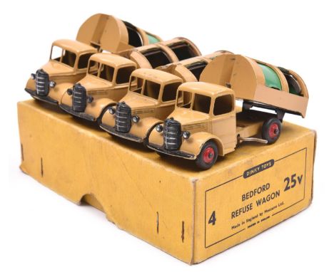 A Dinky Toys 4-vehicle Trade Box (25V). Containing 4 Bedford Refuse Wagons. In fawn with green shutters and red wheels. Box G