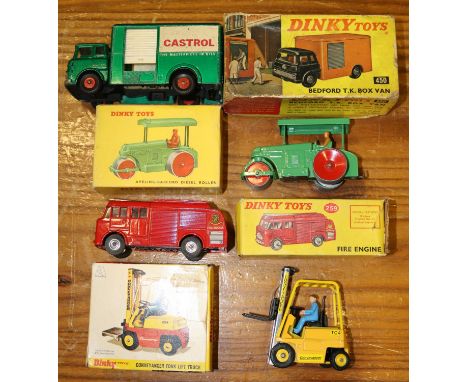 4 Dinky Toys. Bedford Miles Fire Engine (259). Aveling-Barford Diesel Roller (251). Conveyancer Fork Lift Truck (404). Togeth