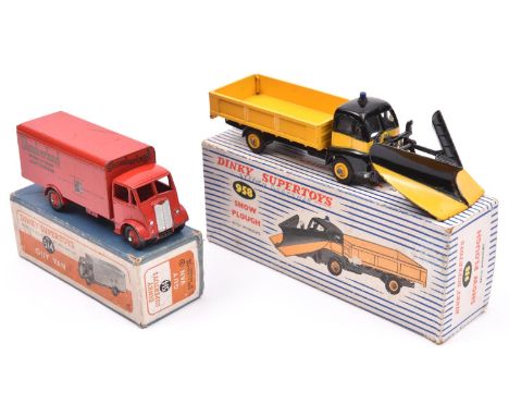 2 Dinky Supertoys. Guy Van (514). In 'Slumberland' red livery with red wheels. Together with Snow Plough (958). Guy in black 