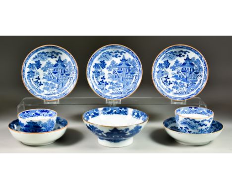 Twelve English Pearlware Blue and White Teabowls and Saucers, Early 19th Century, and a matching slop bowl, transfer printed 