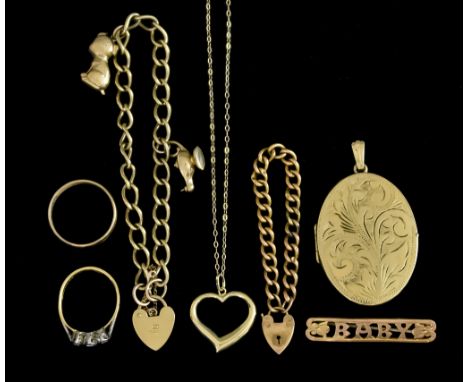 A Mixed Lot of 9ct Gold, comprising - oval locket, 42mm x 32mm, baby bar brooch, 36mm , wedding band, size S, gem set ring, s