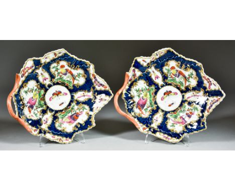 A Pair of Worcester Scale Blue Porcelain Leaf-Shape Dishes, Circa 1765-75, moulded with twig handle and enamelled in colours 