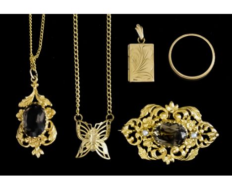 A Quantity of 9ct Gold, comprising - gem set pendant and chain, smokey quartz pendant and chain, 280mm overall, smokey quartz