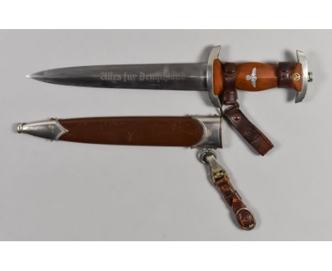 A WWII German NSKK Dagger, bright steel double edge blade, 8 3/4ins, etched with "Ulles fur Deutschland", etched makers mark 