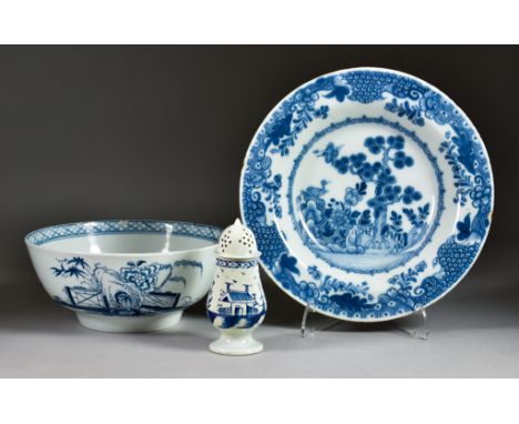 A Delft Pottery Bowl, Plate and a Pearlware Caster, the bowl painted with flowers and fence pattern 7.5ins diameter x 3.25ins